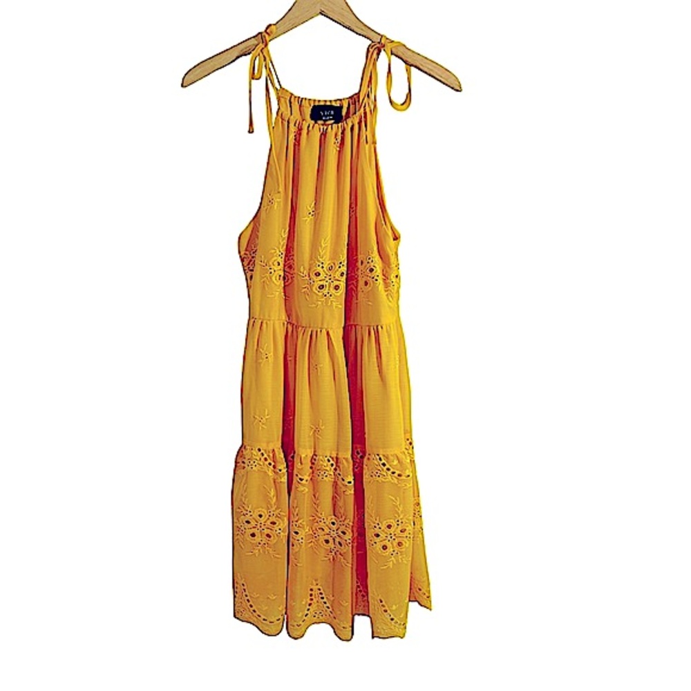 Vici Marigold Yellow Spaghetti Strap Floral Embroidered Eyelet Tiered Dress, M
